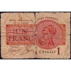 VF 51-02 - 1 franc - Mines Domaniales de la Sarre - 1919 - Série A - Etat : AB