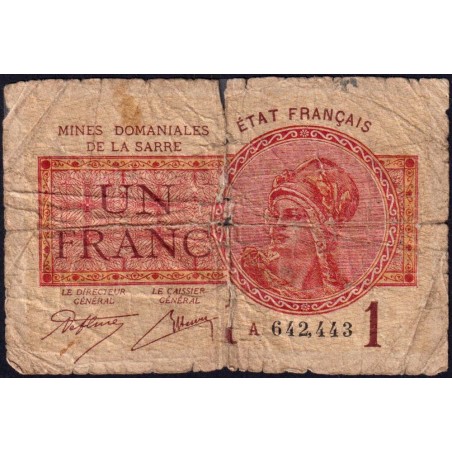 VF 51-02 - 1 franc - Mines Domaniales de la Sarre - 1919 - Série A - Etat : AB