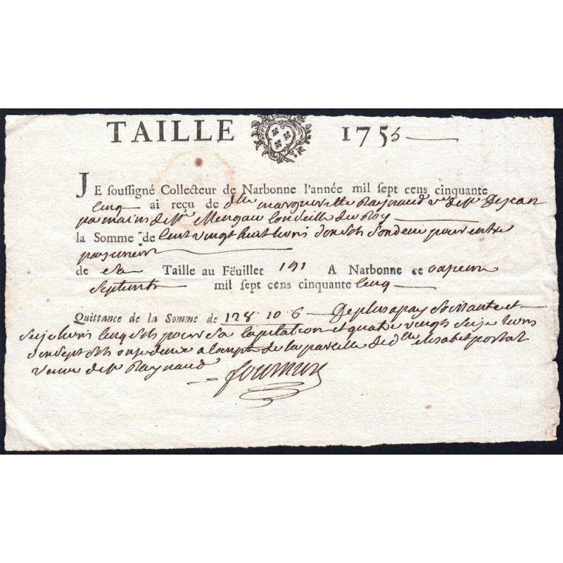 Aude - Narbonne - Louis XV - Taille de 1755 - 128 livres 10 sols 6 deniers - Etat : SUP