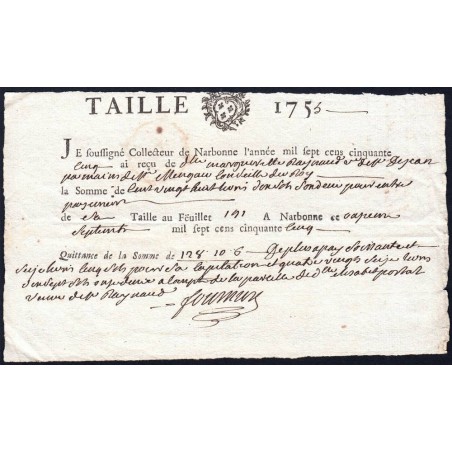 Aude - Narbonne - Louis XV - Taille de 1755 - 128 livres 10 sols 6 deniers - Etat : SUP