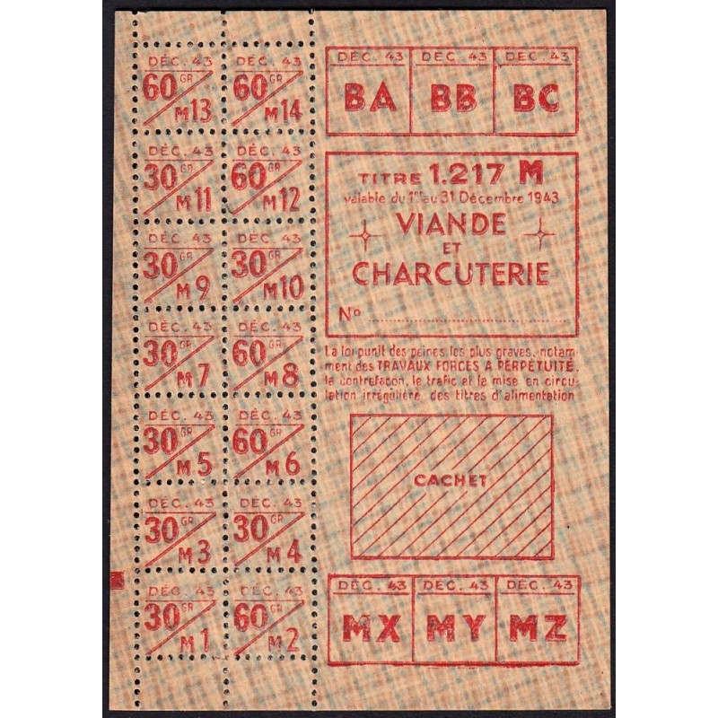 1943 - Titre 1217 - Viande et Charcuterie - Catégorie M - Décembre - Etat : NEUF