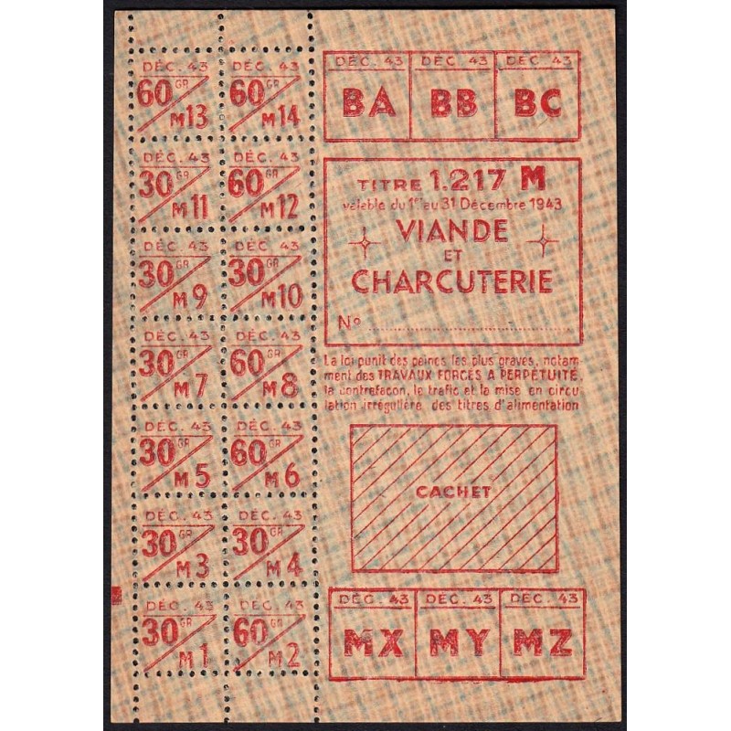 1943 - Titre 1217 - Viande et Charcuterie - Catégorie M - Décembre - Etat : NEUF