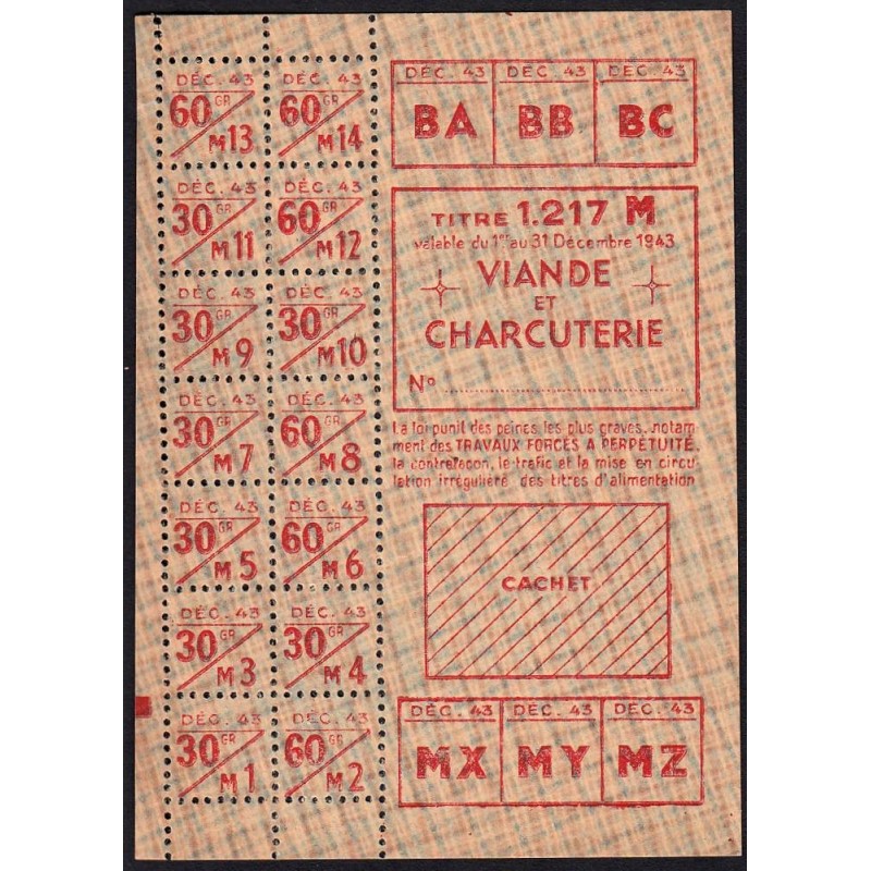 Viande et Charcuterie - Titre 1217 - Catégorie M - 12/1943 - Etat : NEUF