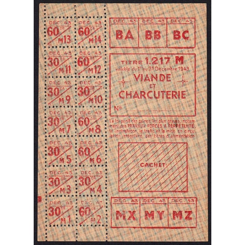 1943 - Titre 1217 - Viande et Charcuterie - Catégorie M - Décembre - Etat : SUP