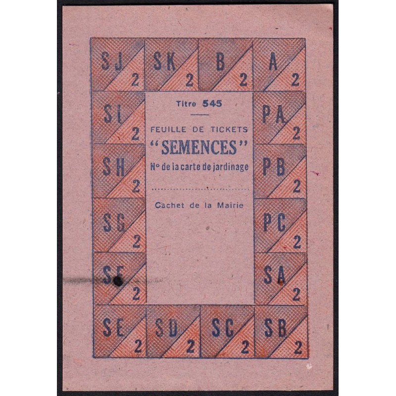 1942 - Titre 545 - Jardin - Semences - Catégorie 2 -  Etat : SUP à SUP+