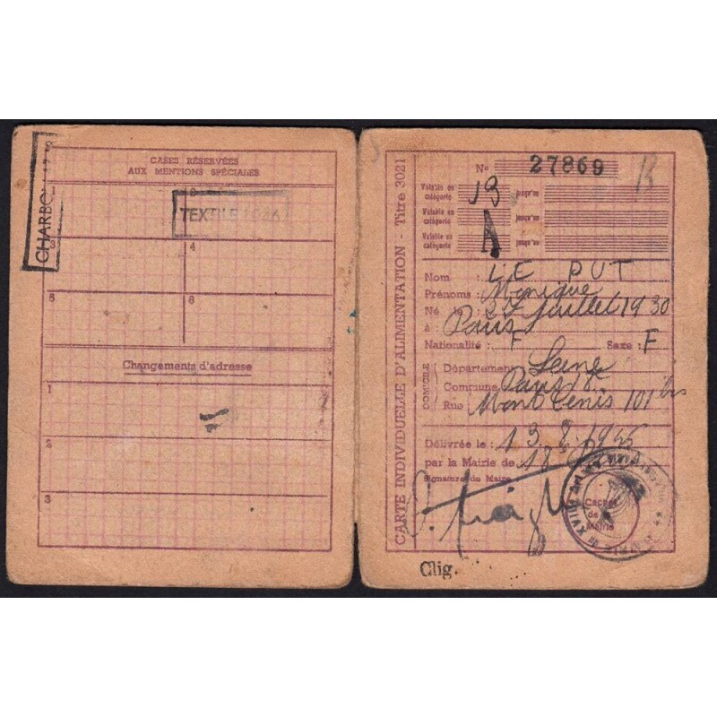 1946 - Titre 3021 - Carte individ. alimentation - Catégorie J3 - Paris (75) - Etat : TB-