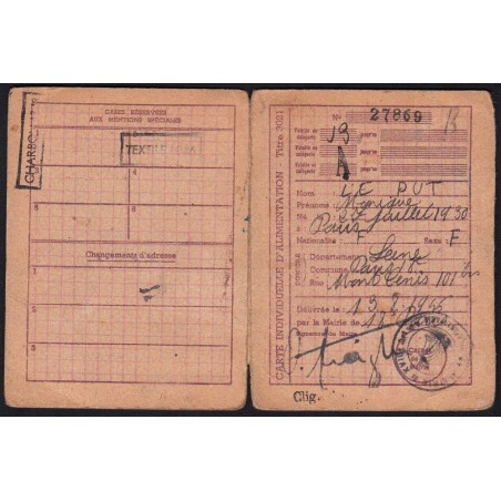 1946 - Titre 3021 - Carte individ. alimentation - Catégorie J3 - Paris (75) - Etat : TB-