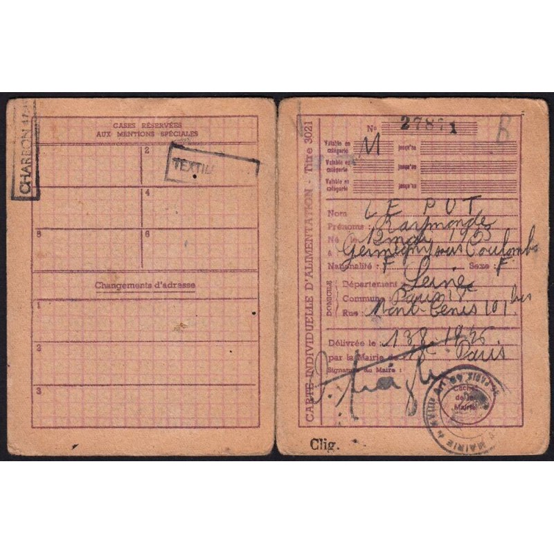 1946 - Titre 3021 - Carte individ. alimentation - Catégorie M - Paris (75) - Etat : TB-