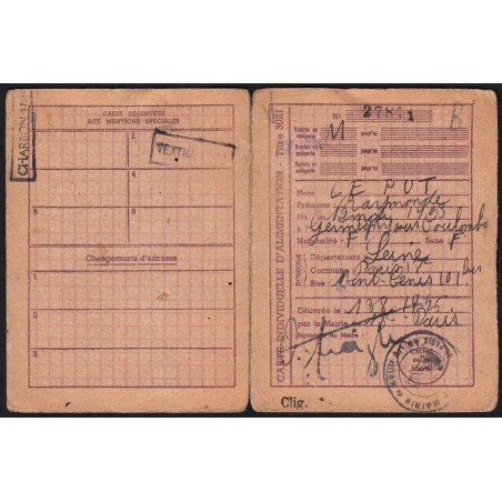 1946 - Titre 3021 - Carte individ. alimentation - Catégorie M - Paris (75) - Etat : TB-