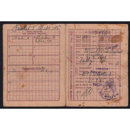 1946 - Titre 3021 - Carte individ. alimentation - Catégorie M - Tulle (19) - Etat : TB