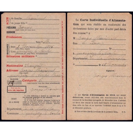 Demande carte individuellle d'alimentation - Catégorie E - 1918 - Juvigny-les-Vallées (50) - Etat : TTB