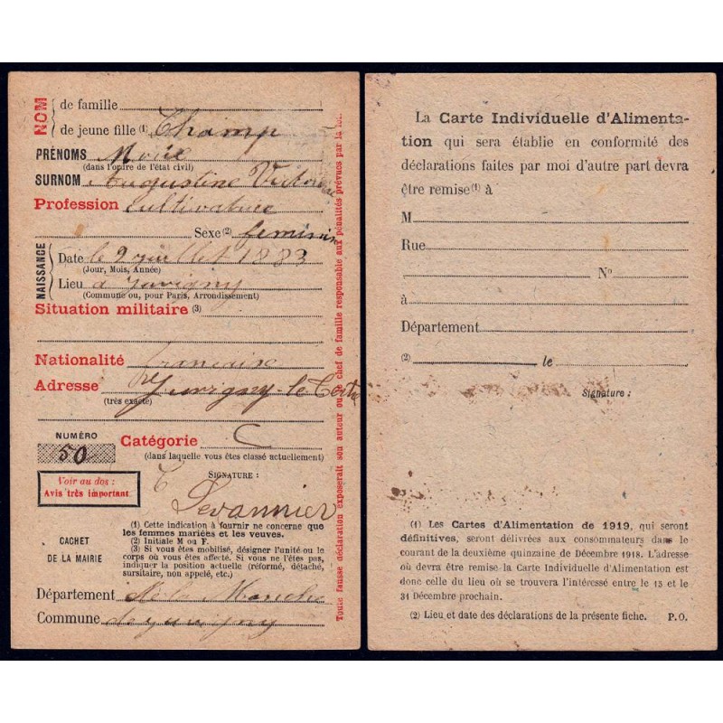 Demande carte individuellle d'alimentation - Catégorie C - 1918 - Juvigny-les-Vallées (50) - Etat : SUP