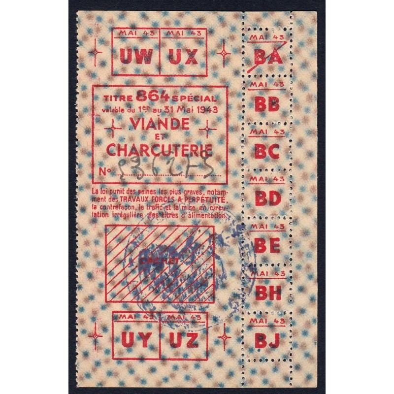 1943 - Titre 864 spécial - Viande et Charcuterie - Mai - Néris-le-Bains (03) - Etat : SUP