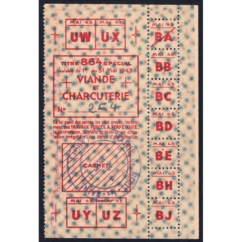 1943 - Titre 864 spécial - Viande et Charcuterie - Mai - Néris-le-Bains (03) - Etat : SUP