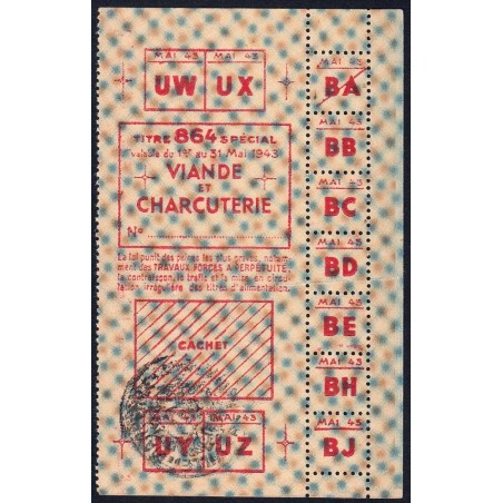 1943 - Titre 864 spécial - Viande et Charcuterie - Mai - Etat : SUP