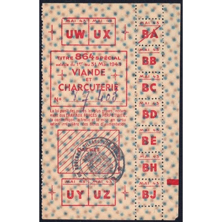 Viande et Charcuterie - Titre 864 spécial - 05/1943 - Boulogne-Bill. (92) - Etat : SUP