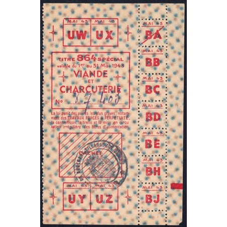 1943 - Titre 864 spécial - Viande et Charcuterie - Mai - Boulogne-Bill. (92) - Etat : SUP