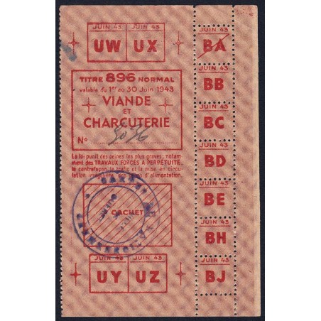 Viande et Charcuterie - Titre 896 normal - 06/1943 - Guéret (23) - Etat : SUP