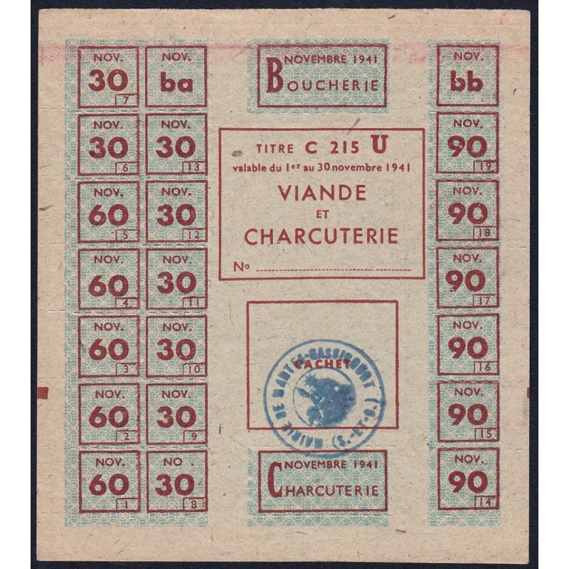 1941 - Titre C 215 - Viande et Charcuterie - Cat. U - Novembre - Mantes-Gassicourt (78) - Etat : SUP
