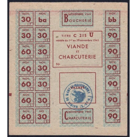 1941 - Titre C 215 - Viande et Charcuterie - Cat. U - Novembre - Mantes-Gassicourt (78) - Etat : SUP