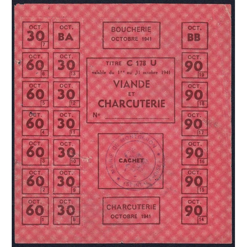 1941 - Titre C 178 - Viande et Charcuterie - Catégorie U - Octobre - Montgeron (91) - Etat : TB+