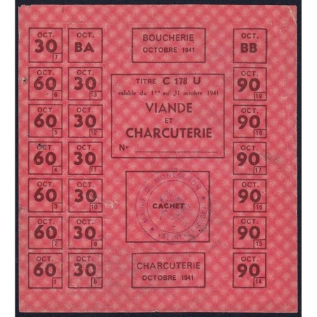 Viande et Charcuterie - Titre C 178 - Catégorie U - 10/1941 - Montgeron (91) - Etat : TB+