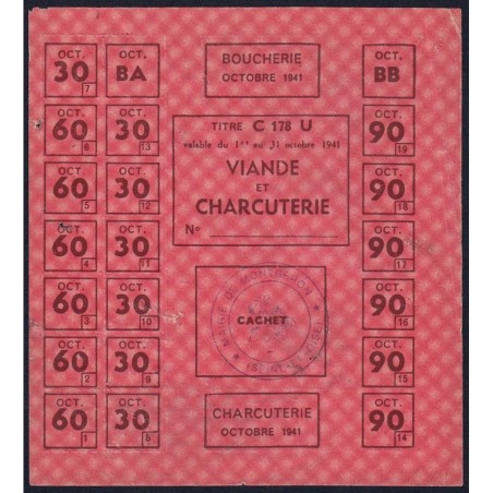1941 - Titre C 178 - Viande et Charcuterie - Catégorie U - Octobre - Montgeron (91) - Etat : TB+