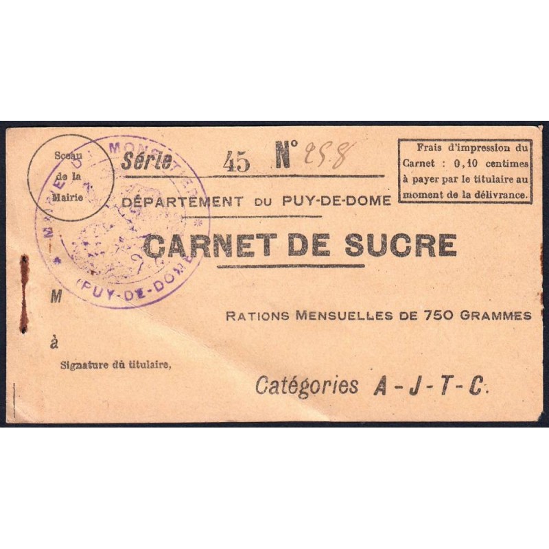 Rationnement - Carnet de sucre - 1920 - Puy-de-Dome (63) - Etat : TTB+