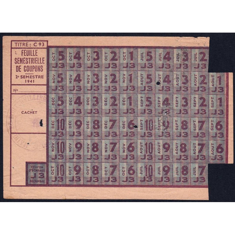 1941 - Titre C 93 - Feuille de coupons - Catégorie J - Boutervilliers (91) - Etat : TB-
