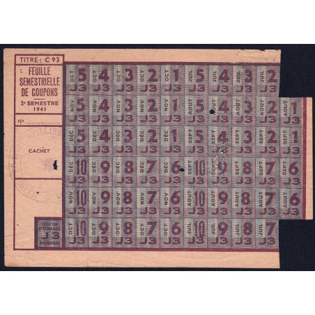 1941 - Titre C 93 - Feuille de coupons - Catégorie J - Boutervilliers (91) - Etat : TB-