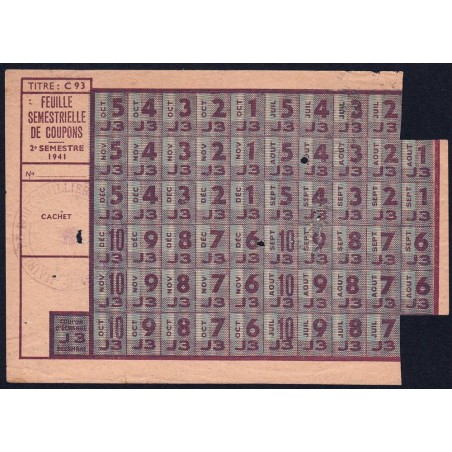 Feuille semestrielle de coupons - Titre C 93 - Catégorie J - 1941 - Boutervilliers (91) - Etat : TB-