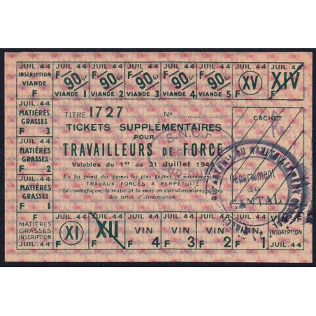 Vin, viande, matières grasses - Titre 1727 - 07/1944 - SNCF - Cantal (15) - Etat : SPL