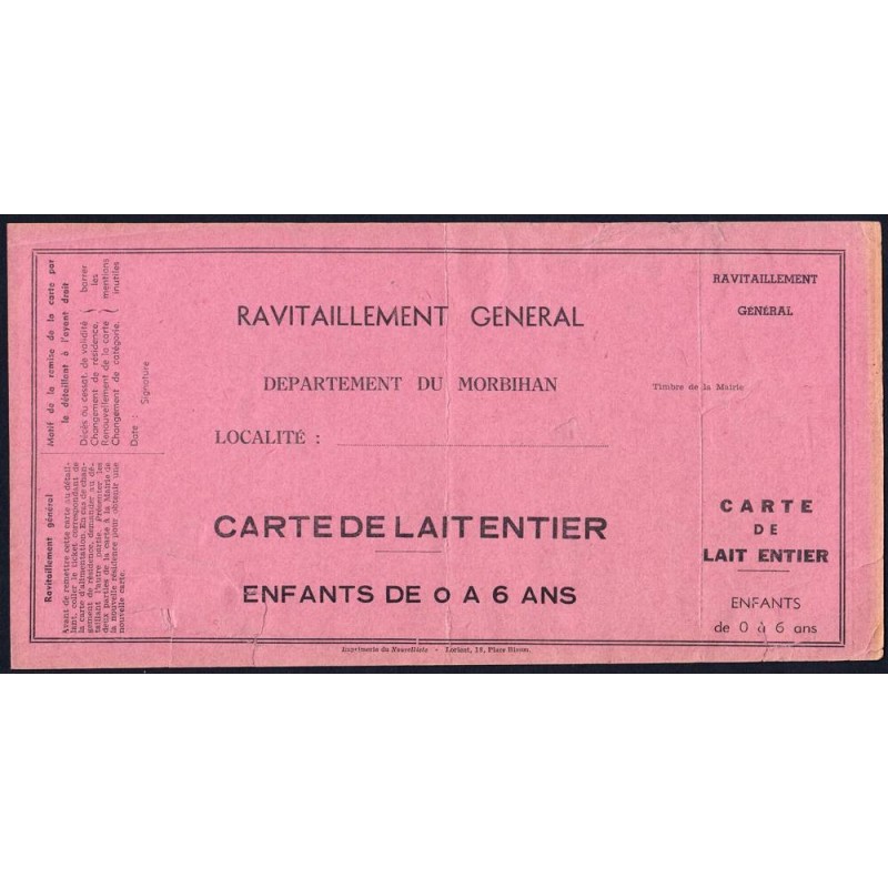Lait - Carte de trois-quarts de litre de lait entier - 1941 - Morbihan (56) - Etat : B