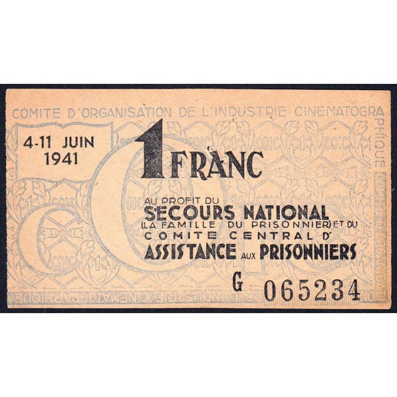 Secours national - 1 franc - Série G - 1941 - Industrie Cinématographique - Etat : TTB