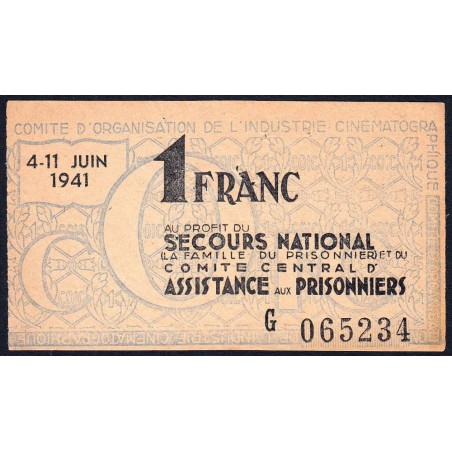 Secours national - 1 franc - Série G - 1941 - Industrie Cinématographique - Etat : TTB