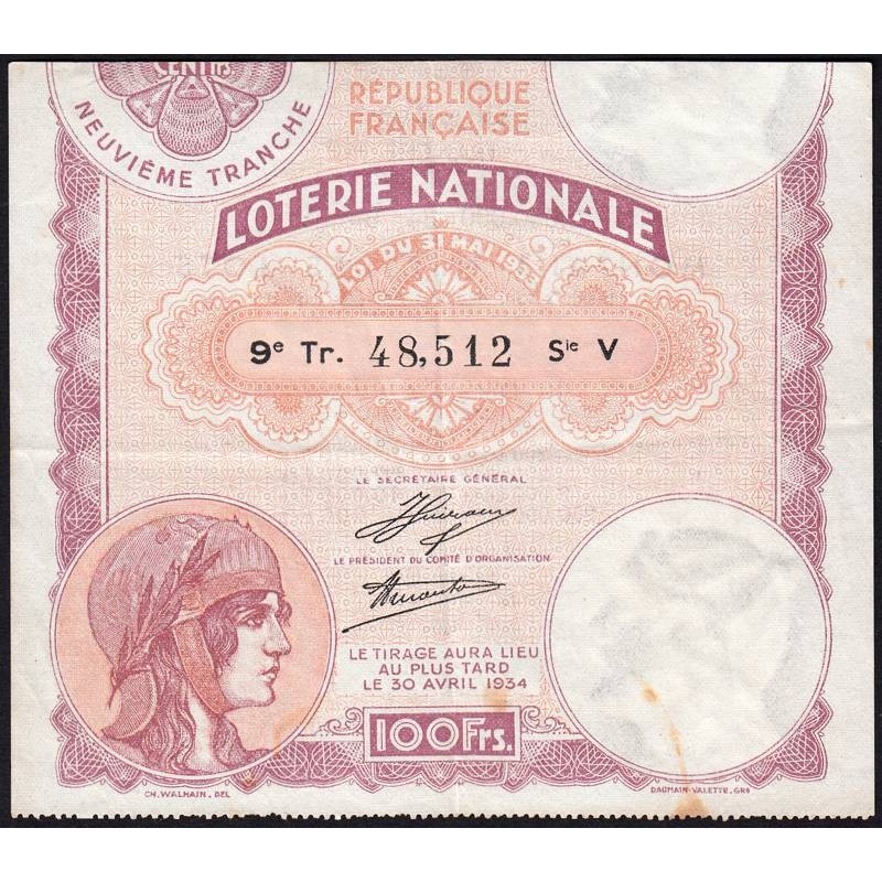 1933 - Loterie Nationale - 9e tranche - Etat : TTB