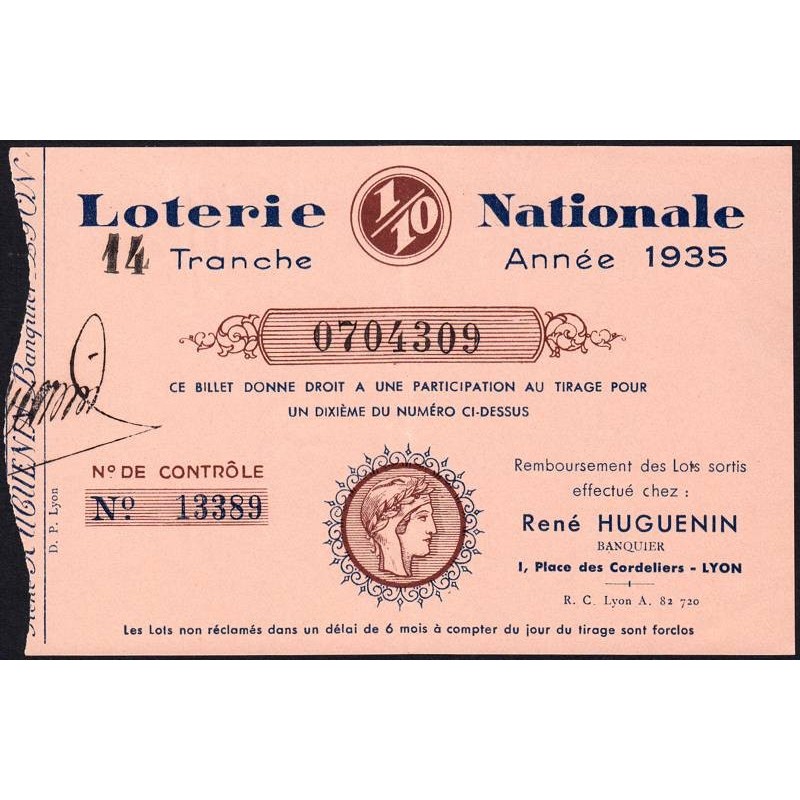 1935 - Loterie Nationale - 14e tranche - 1/10ème - Banque Huguenin - Etat : SUP