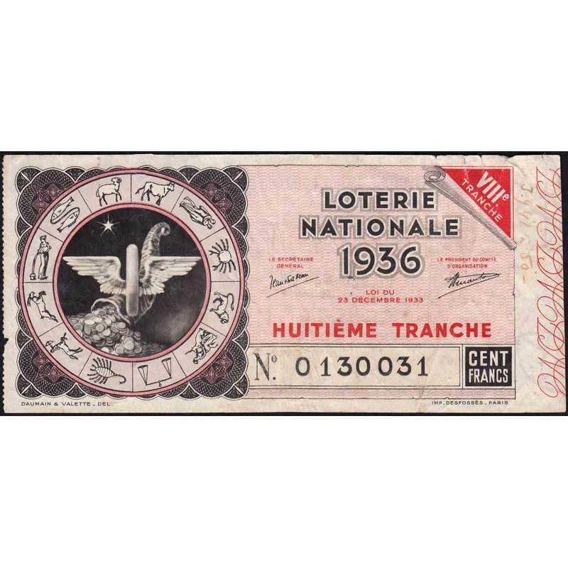 1936 - Loterie Nationale - 8e tranche - 1/10ème - Zodiaque - Etat : TB