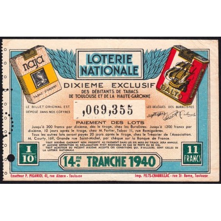 1940 - Loterie Nationale - 14e tranche - 1/10ème - Débitantts de Tabac - Etat : TB+