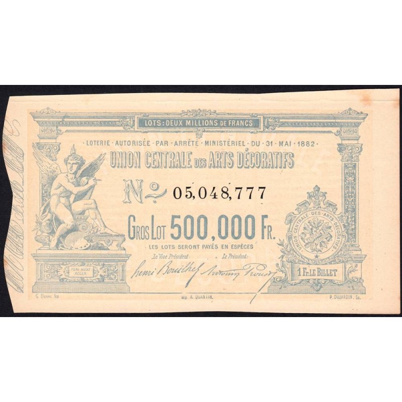 1882 - Paris - Loterie - Union Centrale des Arts Décoratifs - 1 franc - Etat : TTB