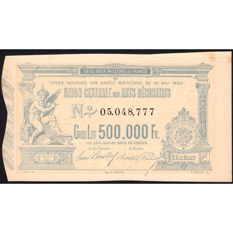 1882 - Paris - Loterie - Union Centrale des Arts Décoratifs - 1 franc - Etat : TTB