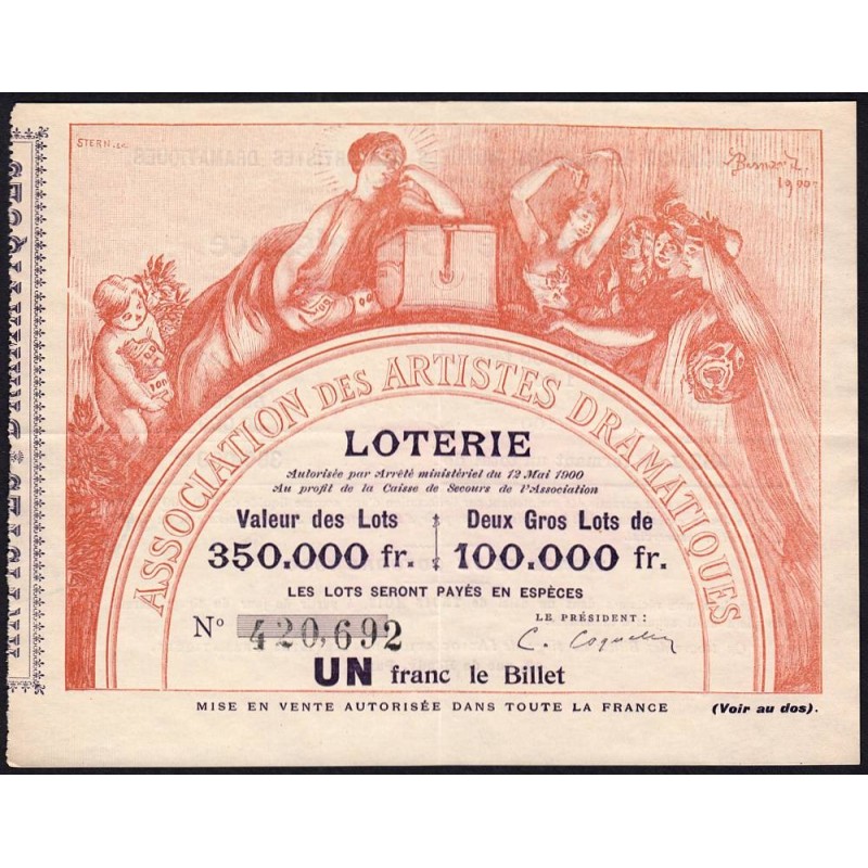 1900 - Paris - Loterie - Association des Artistes Dramatiques - 1 franc - Etat : TTB+