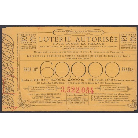 1916 - Paris - Loterie patriotique - Oeuvre de bienfaisance - 25 centimes - Etat : TB