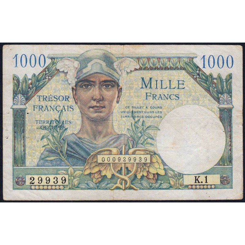 VF 33-01 - 1'000 francs - Trésor français - Territoires occupés - 1947 - Série K.1 - Etat : TB+ à TTB