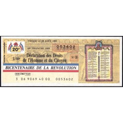 1989 - Bicentenaire de la Révol. - 69e tranche - 1/10ème - Droits de l'Homme - Etat : TTB+