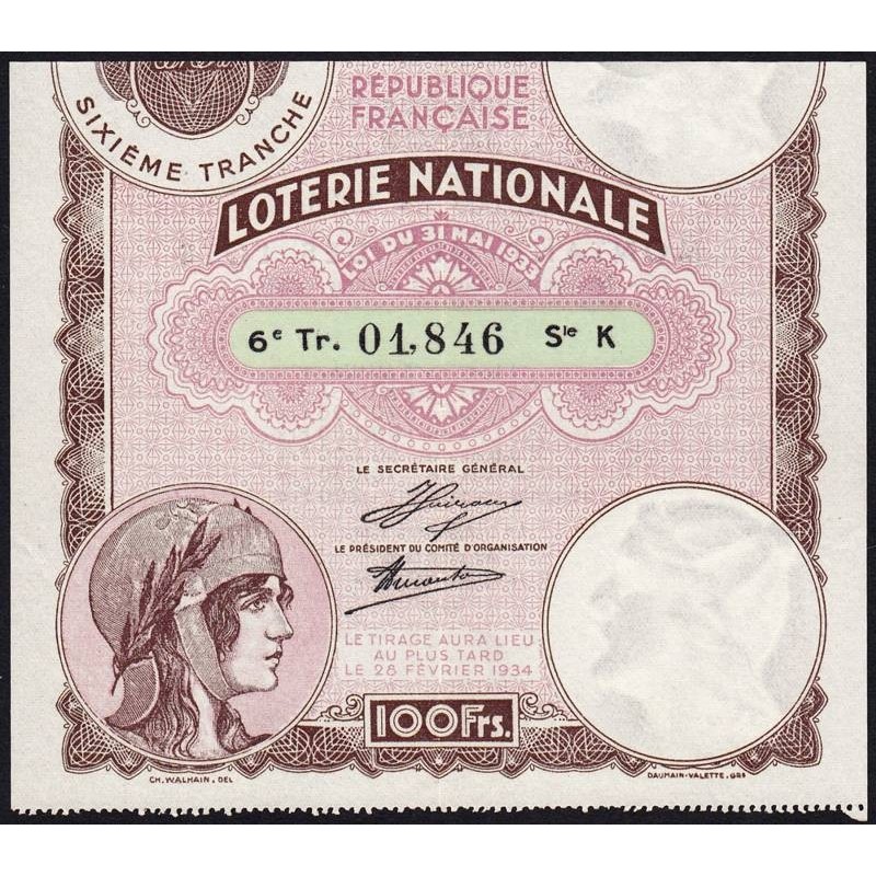 1933 - Loterie Nationale - 6e tranche - Etat : SUP