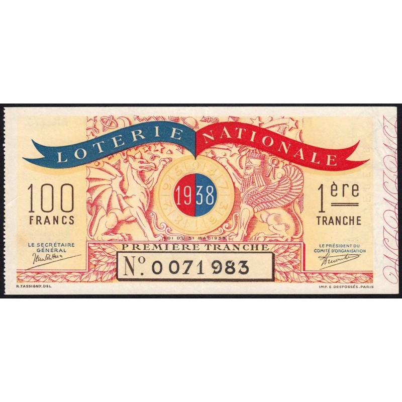 1938 - Loterie Nationale - 1e tranche - Entier - Etat : TTB+