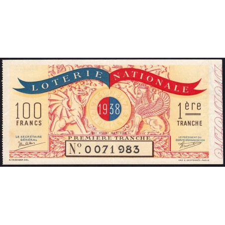 1938 - Loterie Nationale - 1e tranche - Entier - Etat : TTB+