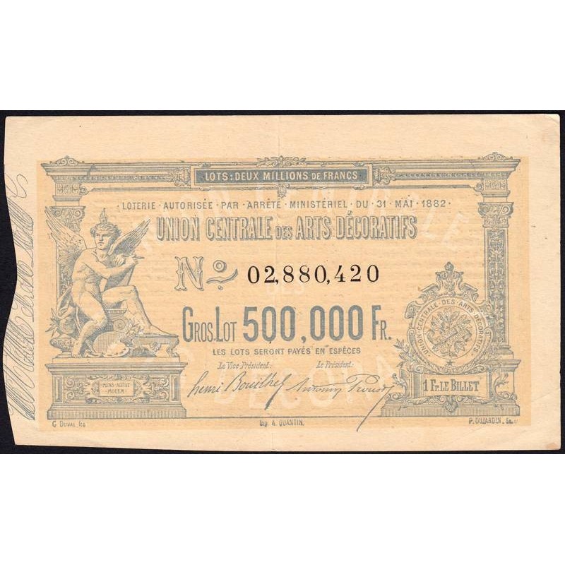 1882 - Paris - Loterie - Union Centrale des Arts Décoratifs - 1 franc - Etat : TTB+