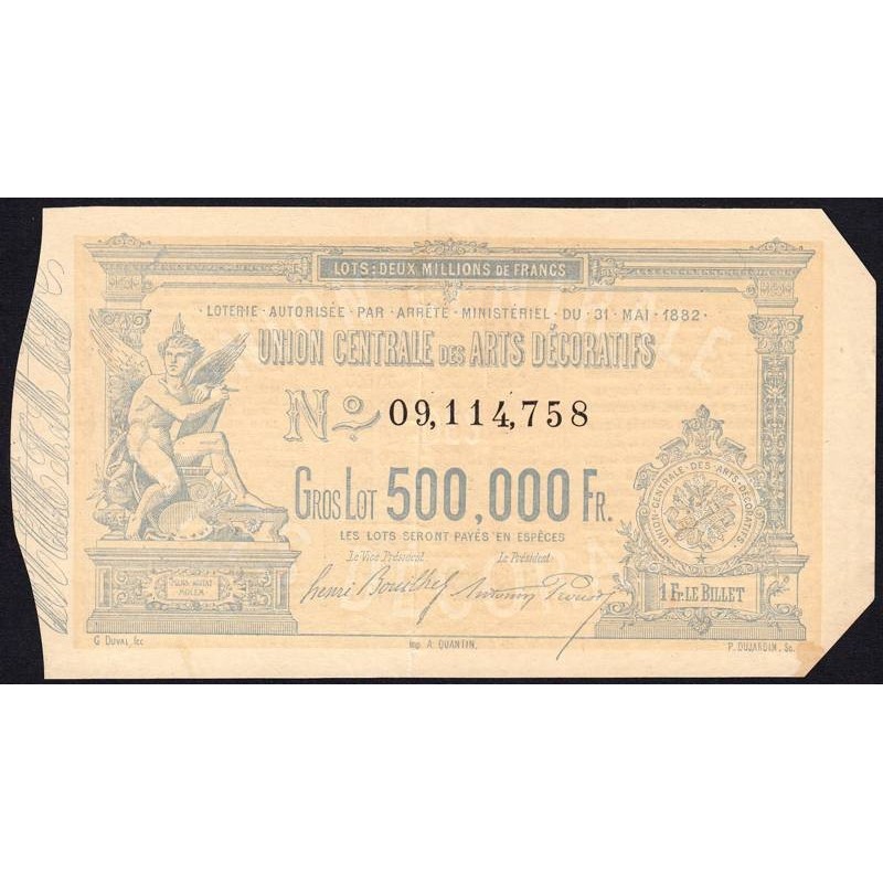 1882 - Paris - Loterie - Union Centrale des Arts Décoratifs - 1 franc - Etat : TB